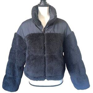 Jawmeu Womens Sherpa Fleece Puffer Jacket Warm Black US Size L Winter Stylish